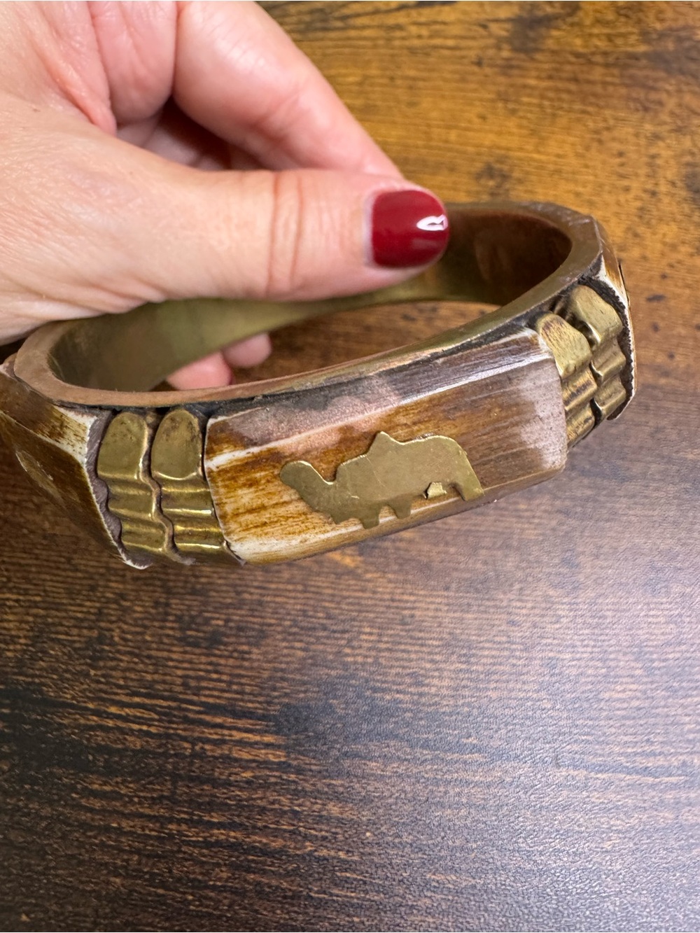 4/$20 Vintage Brass & Wood Camel Accent Bracelet - Brown/Gold